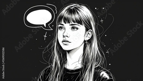 teenage gal with blank speech bubble looks like thinking on black background