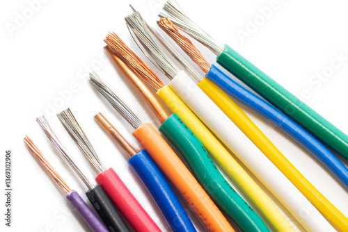 Colorful electrical wire isolated  with conductor exposed