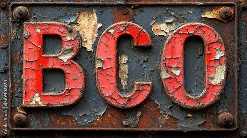 Rusty vintage signage with bold red letters 'BCO'