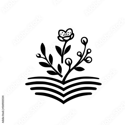 Floral Emblem: Book & Blossoms, Minimalist Design in Black & White