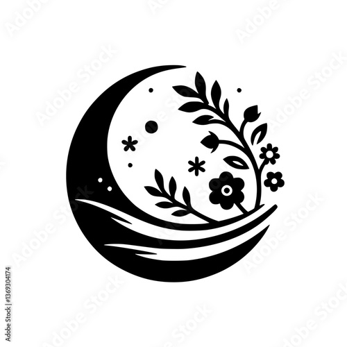 Crescent Moon Floral Silhouette - Nature Emblem, Black and White Vector