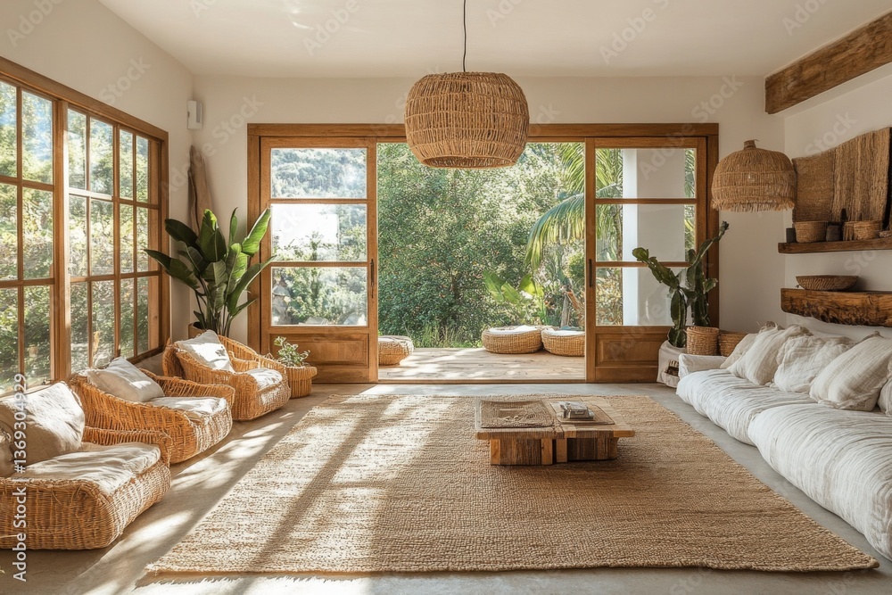 Fototapeta premium Modern bright living room interior with large windows and natural sunlight