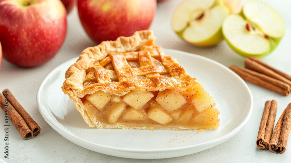 delicious slice of apple pie on white plate, surrounded by fresh apples and cinnamon sticks, evokes warm, inviting atmosphere delicious slice of apple pie on white plate, surrounded by fresh apples and cinnamon sticks, evokes warm, inviting atmosphere