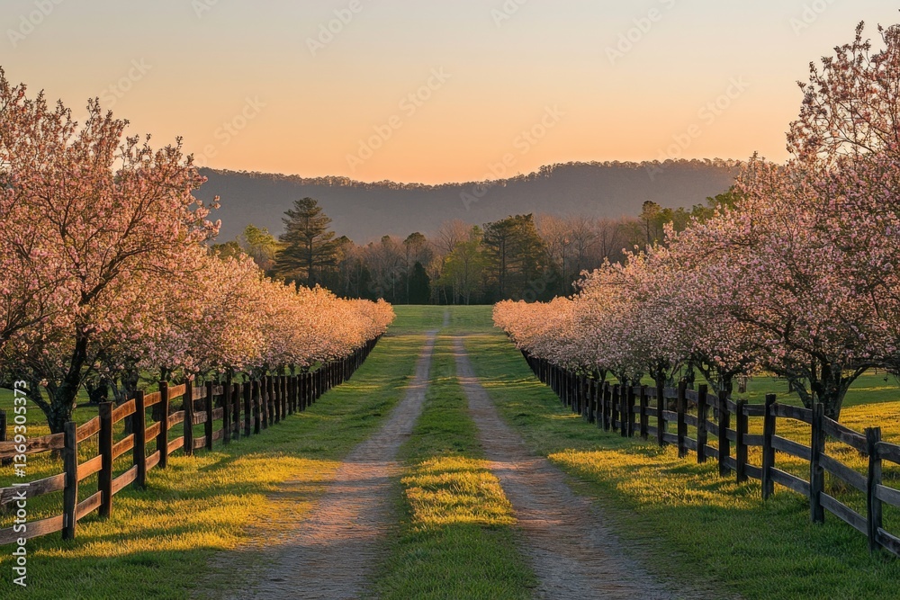 Naklejka premium Rural road lined with blossoming cherry trees in soft light