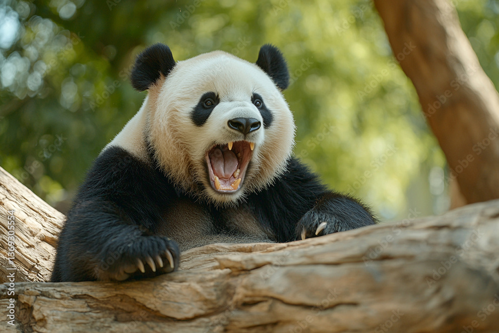 Obraz premium playful panda resting on tree branch, showcasing its vibrant black and white fur while expressing joyful roar