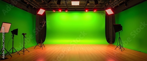 Modern empty green screen studio with LED screen, metallic stands, and prompter lights,  green, video production