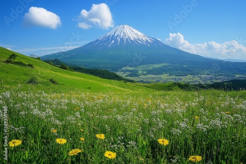 Spring landscape with green fields snow-capped mountains and blue sky photo