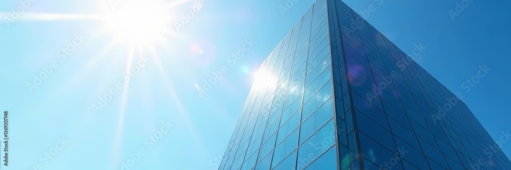 Obraz premium Modern glass business building shining in sunlight with clear blue sky, facade, corporate