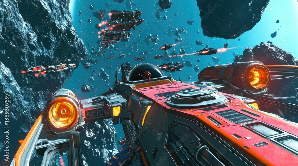 Fototapeta premium Spaceship fights amid asteroid field, futuristic scene.