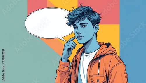 teenage guy with blank speech bubble looks like thinking on color palette background