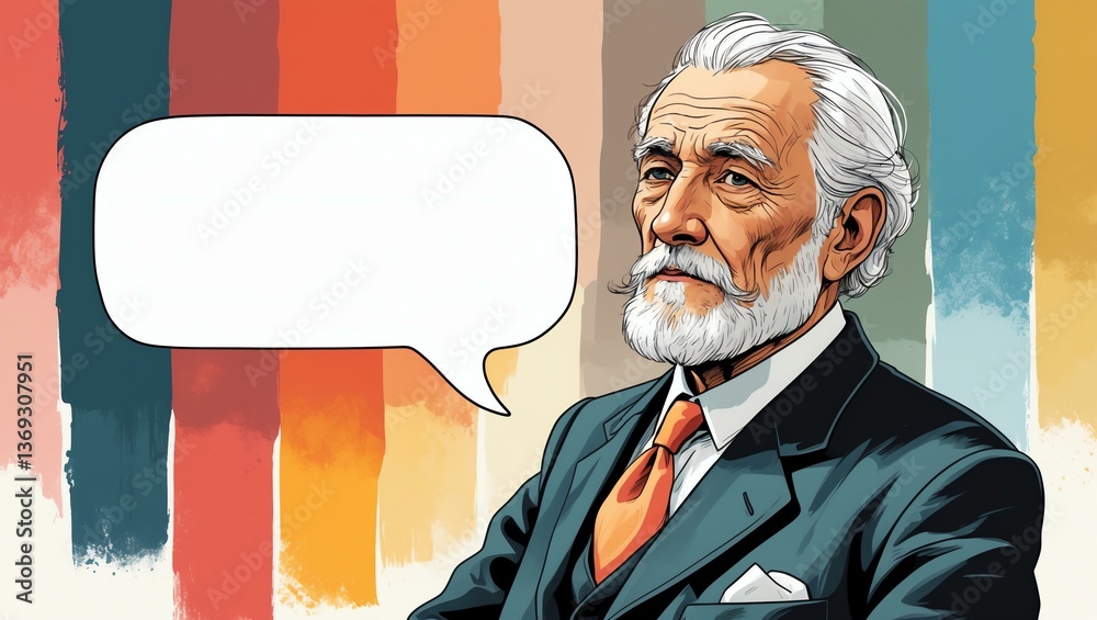 old man with blank speech bubble looks like thinking on color palette background