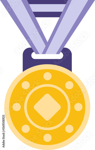 The image depicts a gold medal with a purple ribbon