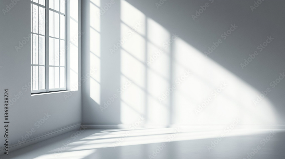 Window casting light patterns on white wall and floor in an empty room with bright illumination Window casting light patterns on white wall and floor in an empty room with bright illumination