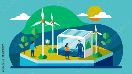 An interactive exhibit where visitors can see for themselves the power of wind energy by using a miniature wind farm.. Vector illustration