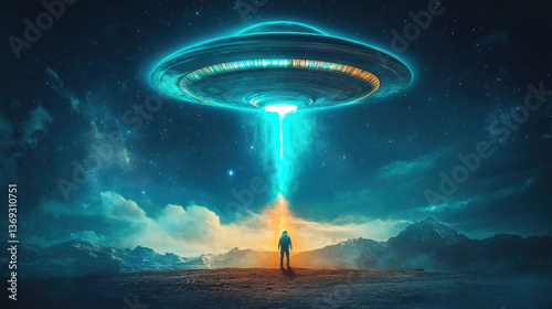 A person standing under a hovering UFO with a beam of light