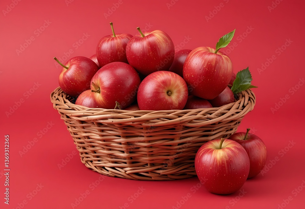Fresh Red Apples in a Wicker Basket Against a Red Background