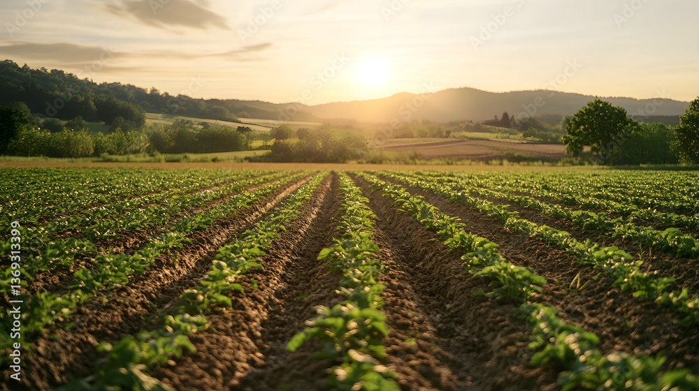 Obraz premium Scenic Sunset View of Lush Green Crop Field Rows in Rolling Hills Landscape