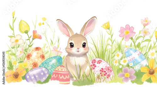Happy easter, egg shell, eggs, and spring flowers. Spring pastel colors illustration, watercolor Easter bunny with colorful eggs and flowers	