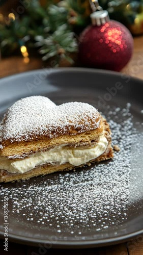 Wallpaper Mural Heart-shaped dessert with layers of cream and pastry served on a dark plate during a festive gathering Torontodigital.ca