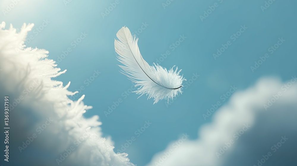 White feather floats, blue sky, fluffy clouds. White feather floats, blue sky, fluffy clouds.