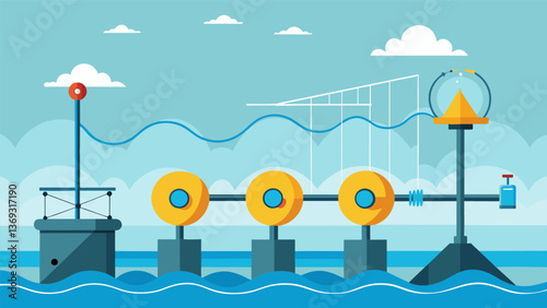 A system of bobbing oscillating devices attached to a jetty capturing the kinetic energy of the waves to produce electricity.. Vector illustration
