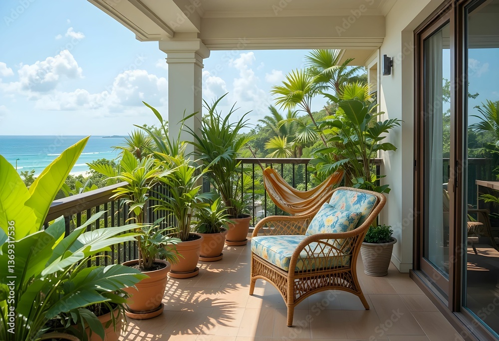 Fototapeta premium sunny tropical balcony with wicker chair, hammock and ocean vista