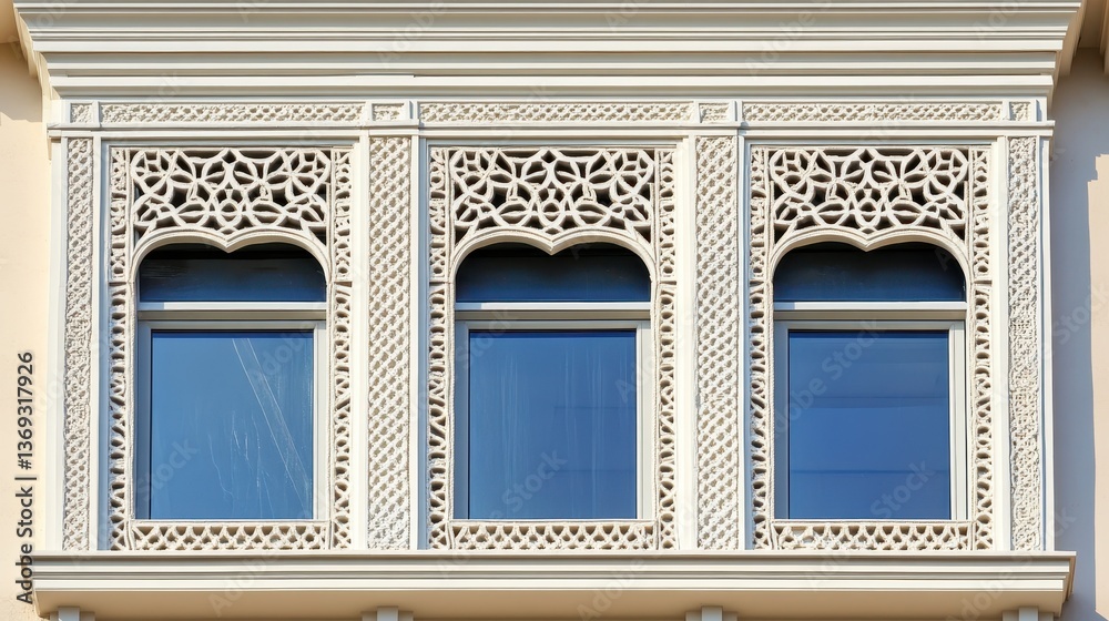 Fototapeta premium Ornate architectural facade featuring intricate latticework and arched windows.