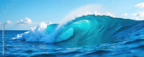 Single, vibrant blue ocean wave, curling crest isolated , liquid, curl, beach