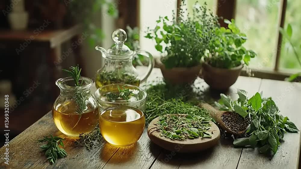 Herbal tea preparation with fresh herbs displayed on a rustic wooden table beside large windows