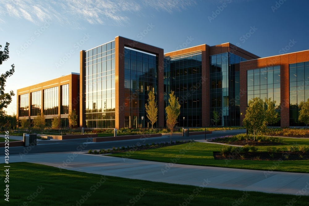 Obraz premium Modern glass and brick building with landscaped surroundings under a clear sky.