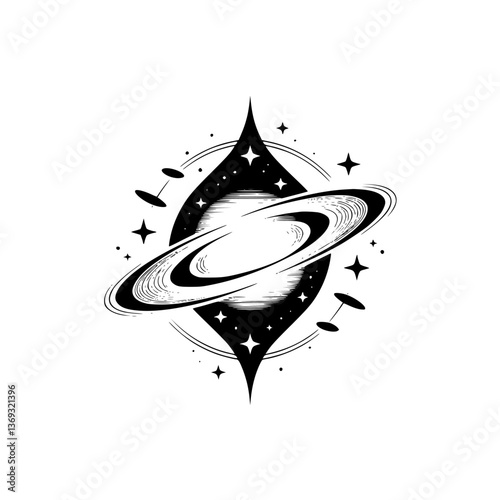 Minimalist Saturn Logo Design, Space Emblem in Black & White