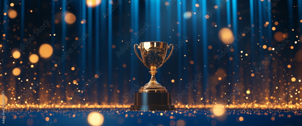 A golden trophy stands at the center of an empty blue stage