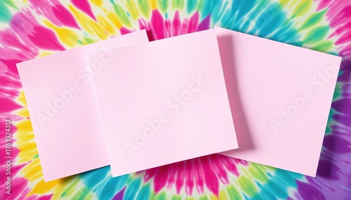 Pink Notes on Vibrant Tie-Dye Background, 90s Retro Message Template, Psychedelic Bulletin Board Mockup
