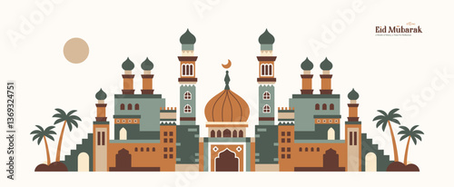 Ancient Arabic mosque landscape pattern, Ramadan Kareem, Eid al-Fitr with pastel colored Arabic and Islamic icons
