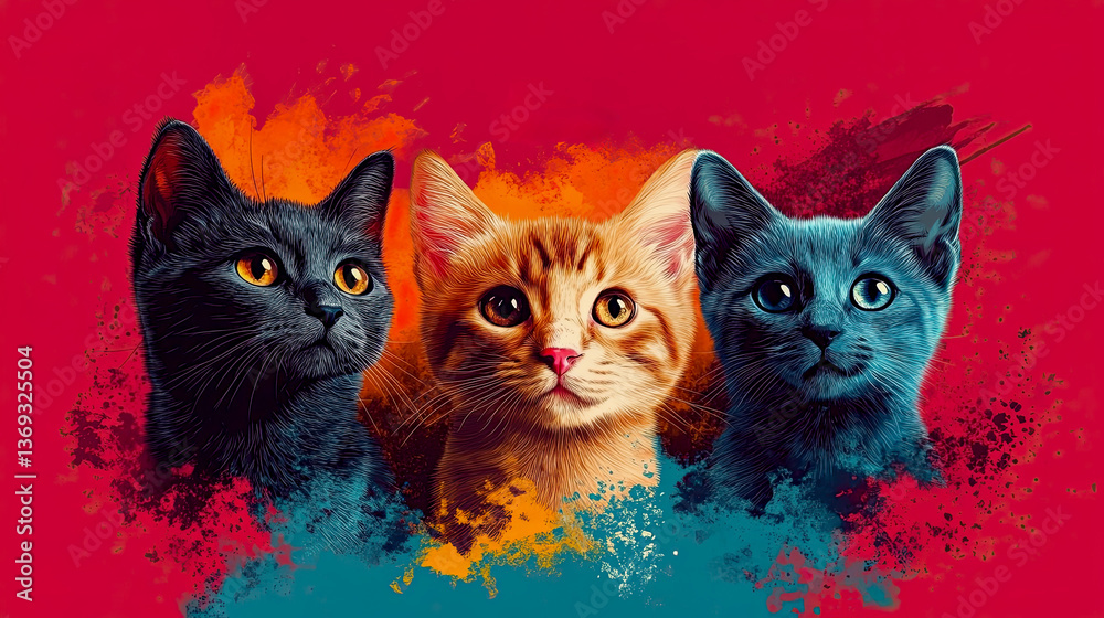 Fototapeta Three cats with a vibrant, colorful background in a digital artwork