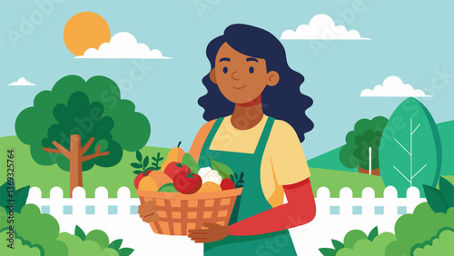 A woman proudly poses with her basket of freshly picked vegetables from her backyard victory garden sharing them with her neighbors.. Vector illustration