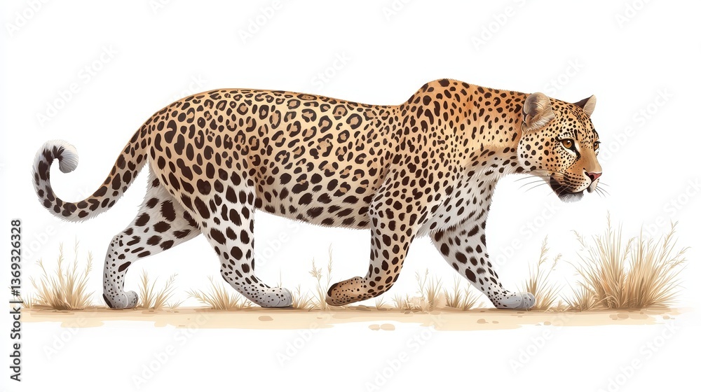 Obraz premium Leopard Walking Gracefully Through Dry Grass in a Savanna Landscape