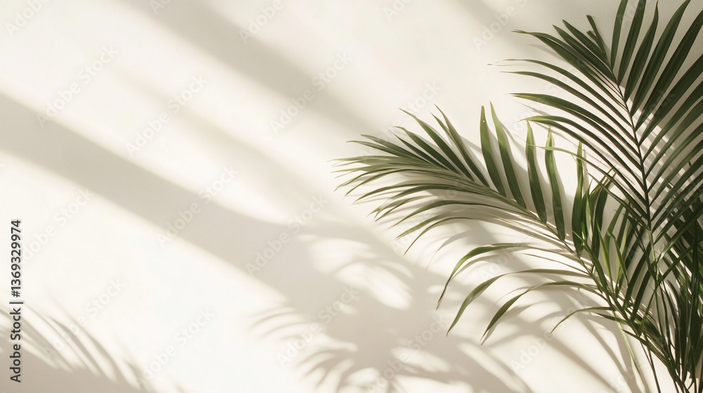 Fototapeta premium Palm leaves casting shadows on a white wall in a minimalist and bright interior setting with sunlight