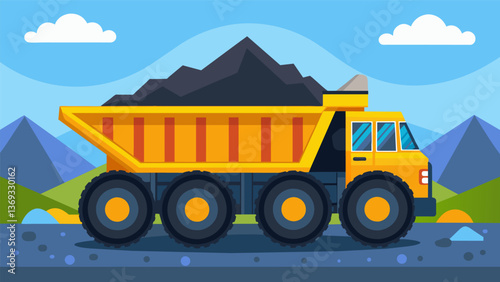 A shiny mining truck with a bed so large that it can cart massive amounts of coal in just one load.. Vector illustration
