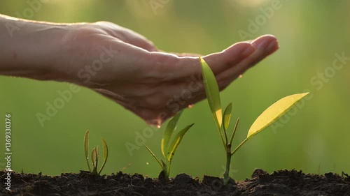 Sustainable business growth concept nurturing green plants in slow motion captured in a lush environment to inspire eco-friendly practices and innovation