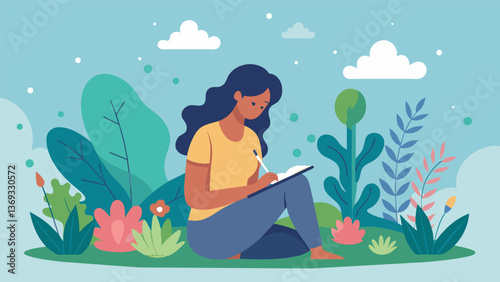 A woman journaling in a serene garden using words and images to explore and heal from deep emotional s.. Vector illustration