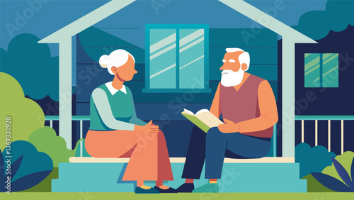 An elderly couple sitting on their front porch sharing stories about the early days of the Neighborhood Watch Program and how it has made their. Vector illustration