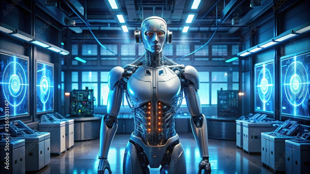 © Kukar Studio - Advanced humanoid robot standing in a futuristic laboratory control room