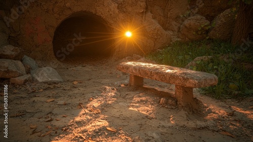Serene Stone Bench near Cave Entrance Bathed in Golden Sunlight