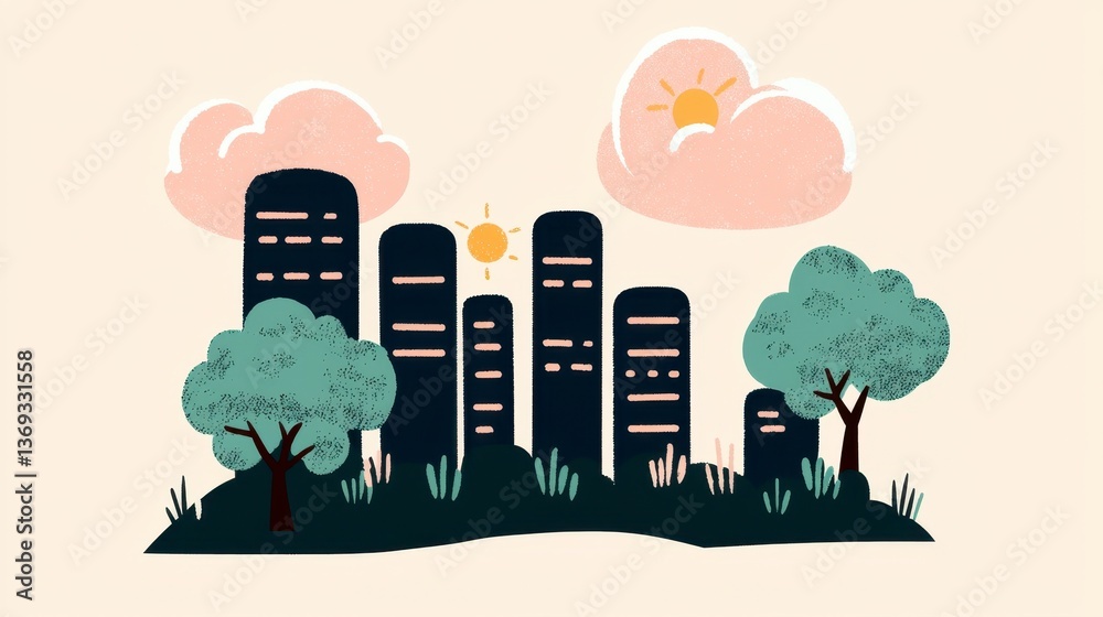 Obraz premium Simple Cityscape Illustration with Dark Buildings and Green Trees