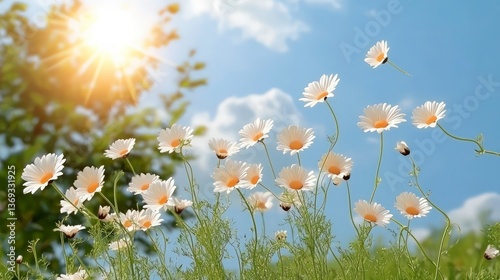 Sunny Day Daisies Meadow Blooming Summer Flowers Bright Outdoors Scene