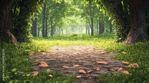 Serene Forest Path A sunlit trail winds through a lush green forest inviting exploration and tranquility