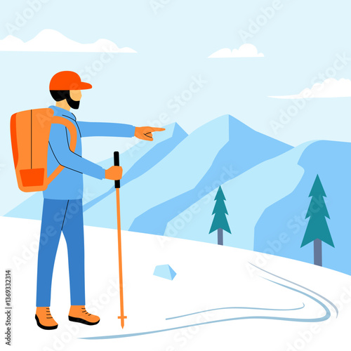 Hiker Exploring Snowy Mountains – Flat Vector Illustration