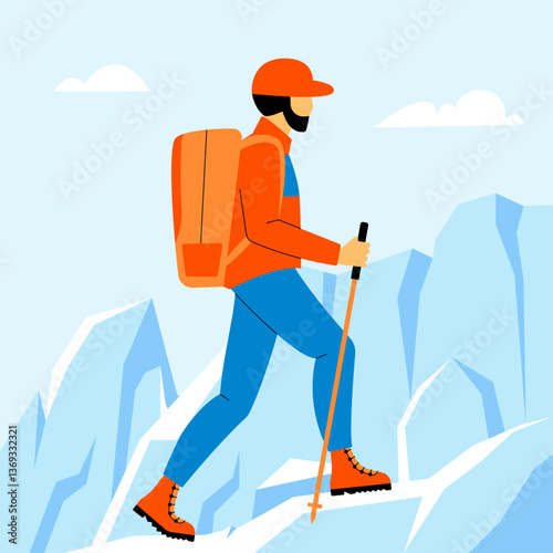 Hiker Walking on Snowy Mountain – Flat Vector Illustration