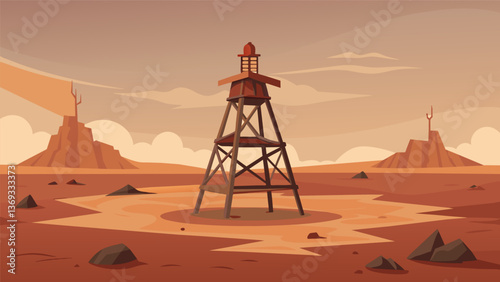 A worn and chipped oil well cap stands alone in a desolate field bearing witness to the everchanging industry.. Vector illustration